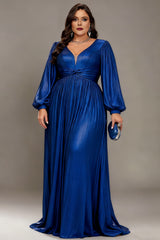 Curveins Plus Size V-Neck Long Lantern Sleeves Classic Evening Maxi Dress