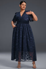 Curveins Plus Size V-Neck High-Waist Pleated Maxi Dress