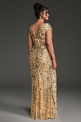 Curveins Plus Size V-neck and Waist Cinch Sequin Maxi Dress