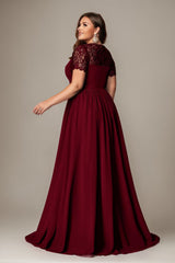 Curveins Plus Size Strapless Embroidered Short Sleeve Waist Cinch A-Line Maxi Dress