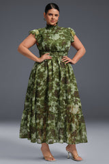 Curveins Plus Size Sleeveless Floral Ruffle Hem Mesh Maxi Dress