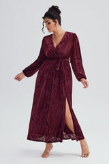 Curveins Plus Size Burgundy Velvet Wrap Maxi Dress