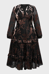 Curveins Plus Size Velvet V-Neck Lantern Sleeve Tiered Maxi Dress