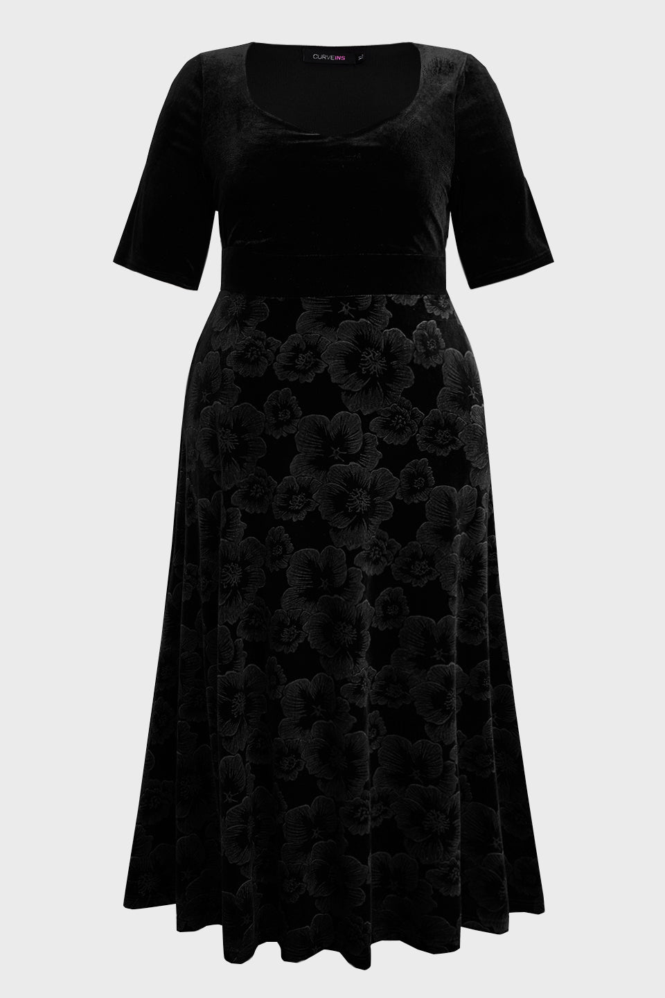 Curveins Plus Size V-Neck Long Sleeves Fitted Waist Floral Patchwork Maxi Dress