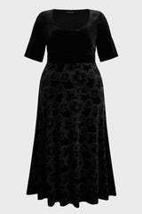 Curveins Plus Size V-Neck Long Sleeves Fitted Waist Floral Patchwork Maxi Dress