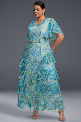 Curveins Plus Size V-Neck Floral Mesh Ruffled Maxi Dress