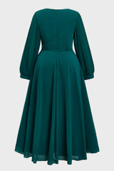 Curveins Plus Size Crew Neck Long Sleeve Pleated Midi Dress
