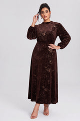 Curveins Plus Size Long Sleeve Velvet Patterned Elegant Flattering Maxi Dress