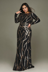 Curveins Plus Size Round Neck Long Sleeve Sexy Sequin Maxi Party Dress