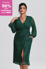Curveins Plus Size Pocket Patchwork Mesh Sequin Slit Midi Dress