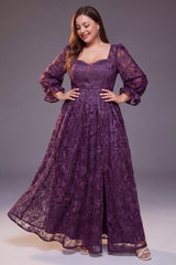 Curveins Plus Size Floral V Neck Long Sleeve Split Elegant Flowy Feminine Maxi Dress