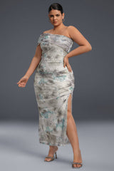 Curveins Plus Size One-Shoulder Floral Mesh Split Hem Maxi Dress