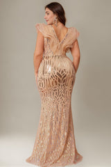 Curveins Elegant Curve Hugging V Neck Sleeveless Sequin Evening Gown