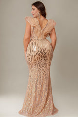 Curveins Elegant Curve Hugging V Neck Sleeveless Sequin Evening Gown