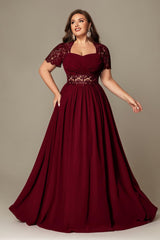Curveins Plus Size Strapless Embroidered Short Sleeve Waist Cinch A-Line Maxi Dress
