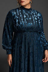 Curveins Plus Size Navy Blue Floral Velvet Maxi Dress