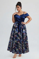 Curveins Plus Size Spaghetti Strap Off-Shoulder Printed Maxi Dress with Patchwork Detail