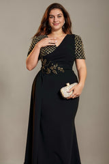 Curveins Elegant Plus Size Spliced V-Neck Floral Waistline Long Dress