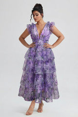 Curveins Plus Size V-Neck Sleeveless Floral Tiered Maxi Dress with Decorative Shoulder Detail
