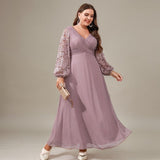 Curveins Plus Size V Neck Lantern Sleeve Sequin Evening Maxi Dress