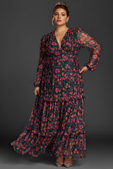 Curveins Plus Size Floral Print Lantern Sleeve Tiered Maxi Dress