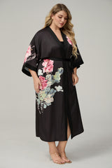 Curveins Plus Size Satin Floral Print 3/4 Sleeve Loose Pajama Set Sleepwear