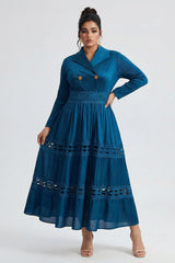 Curveins Plus Size Wrap Neck Long Sleeve Color Block Cinched Waist Maxi Dress