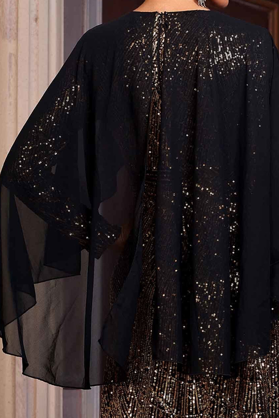 Curveins Plus Size Round Neck Striped Sequin Cape Top Gradient Maxi Dress