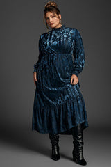 Curveins Plus Size Navy Blue Floral Velvet Maxi Dress