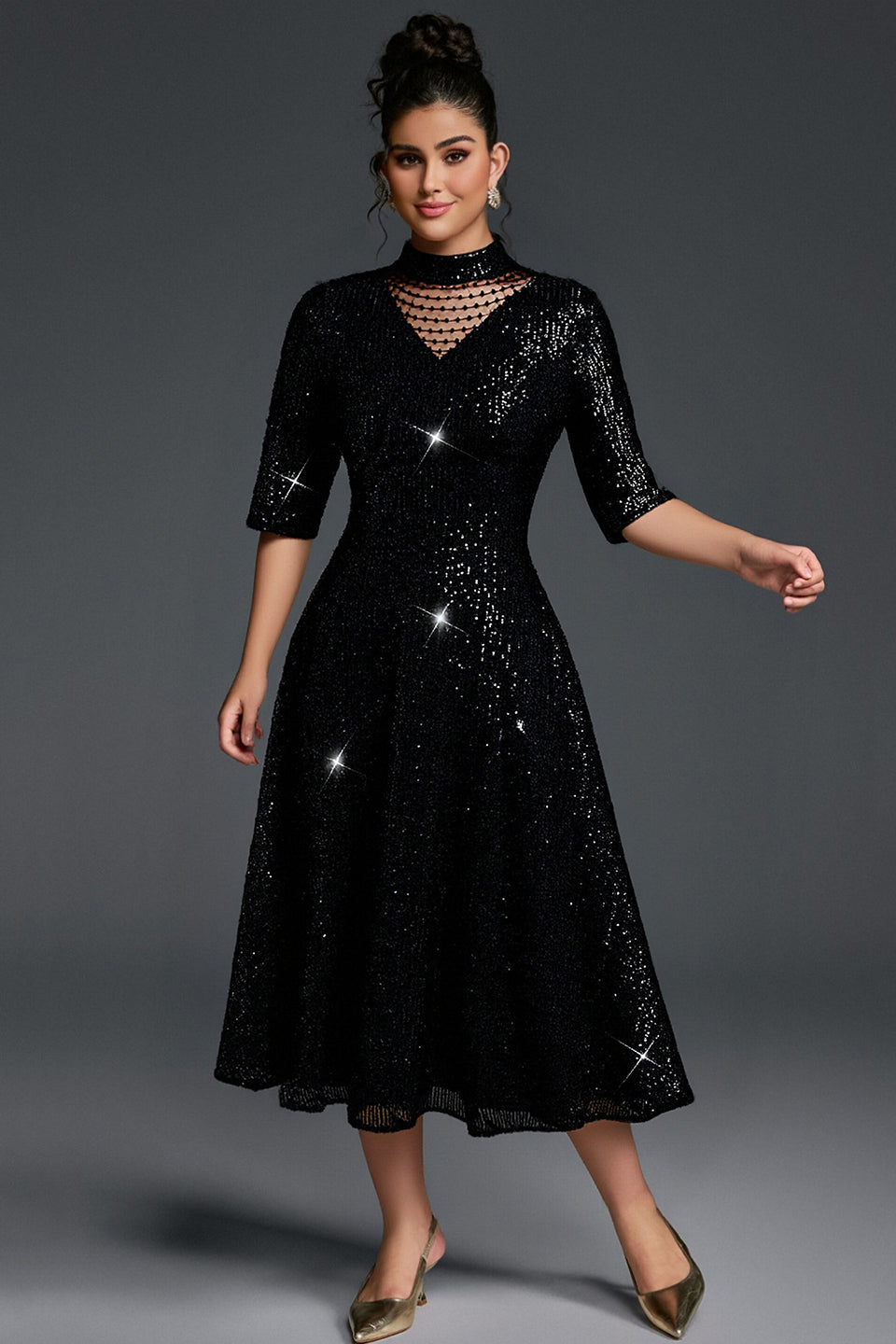 Curveins Plus Size V-Neck Half Sleeve Sequin Cocktail Midi Dress