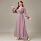 Curveins Plus Size V Neck Lantern Sleeve Sequin Evening Maxi Dress