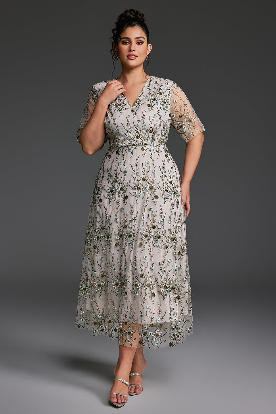 Curveins Plus Size V-Neck Ruffle Sleeve Embroidered Maxi Dress