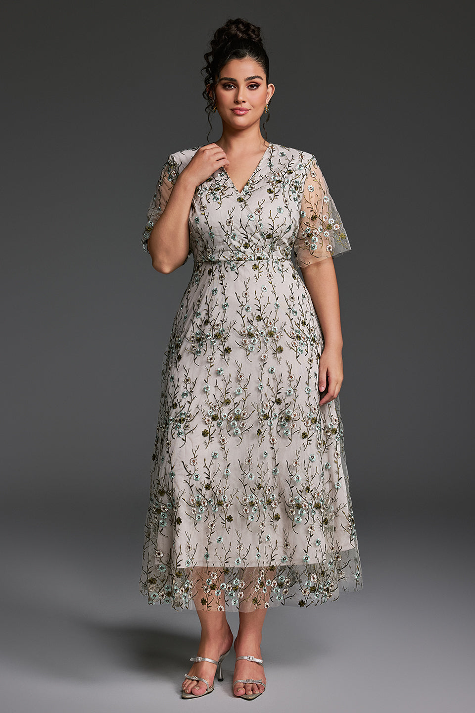 Curveins Plus Size V-Neck Ruffle Sleeve Embroidered Maxi Dress