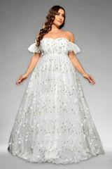 Curveins Plus Size Off-Shoulder Elegant Floral Detail Cinched-Waist Maxi Dress