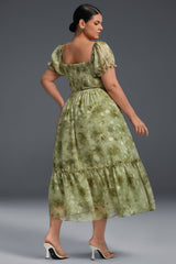 Curveins Plus-Size Draped Collar Puff Sleeve Floral Print Maxi Dress