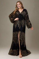 Curveins Chic Plus Size V-Neck Split Hem Sequin Lantern Sleeve Dress
