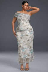 Curveins Plus Size One-Shoulder Floral Mesh Split Hem Maxi Dress