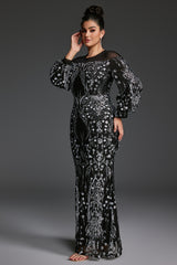 Curveins Plus Size Sheer Round Neck Puff Sleeve Patterned Sequin Bodycon Maxi Dress