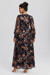 Curveins Plus Size V Neck Long Sleeve Floral Cinched Waist Maxi Dress