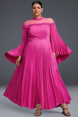 Curveins Plus Size Cape Sleeve Sheer Neck Pleated Maxi Dress