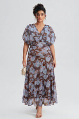 Curveins Plus Size V Neck Puff Sleeve Waist Defining Floral Print Elegant Maxi Dress