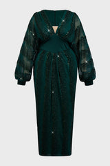 Curveins Plus Size V-Neck Sequin Balloon Sleeve Back-Slit Elegant Evening Maxi Dress