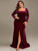 Curveins Plus Size Square Neck Long Sleeves Ruched Bodycon Maxi Dress