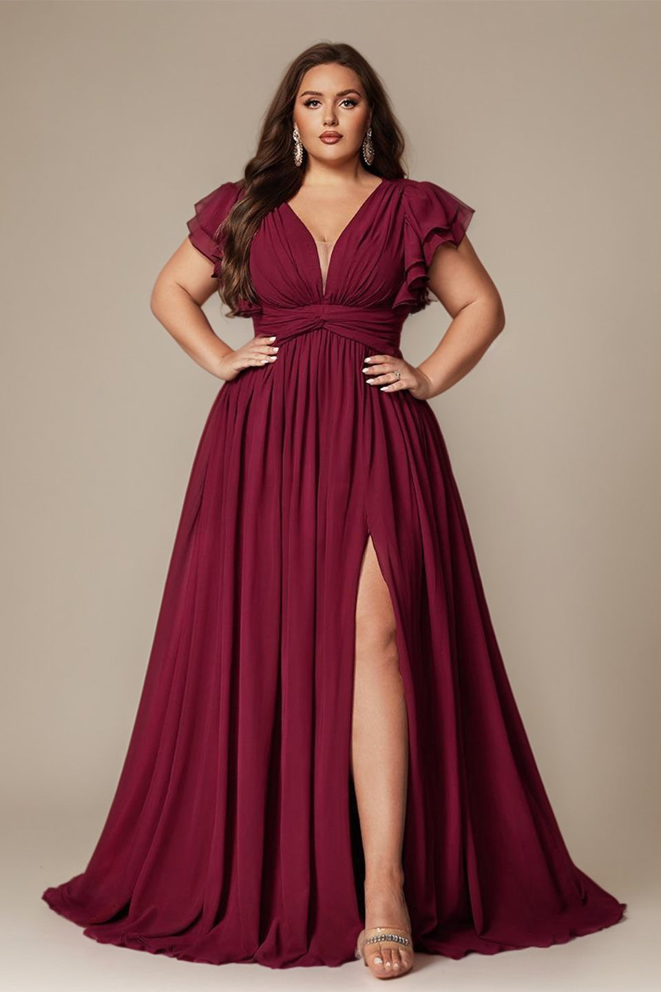 Curveins Plus Size V-Neck Ruffle Sleeve Split A-Line Maxi Dress