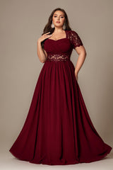 Curveins Plus Size Strapless Embroidered Short Sleeve Waist Cinch A-Line Maxi Dress