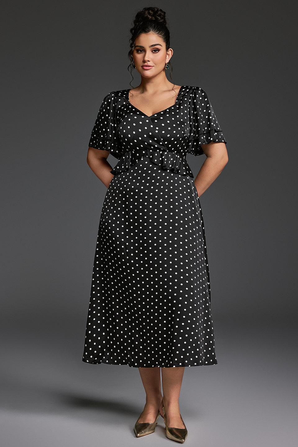 Curveins Plus Size V-Neck Double-Layered Ruffle Sleeve Maxi Dress