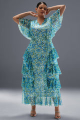 Curveins Plus Size V-Neck Floral Mesh Ruffled Maxi Dress