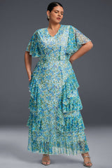 Curveins Plus Size V-Neck Floral Mesh Ruffled Maxi Dress