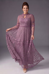 Curveins Plus Size Stand Collar Long Sleeve Floral Beaded Elegant Maxi Dress