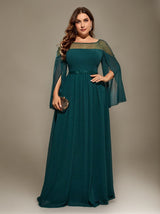 Curveins Plus Size Round Neck Long Sleeve Cinched Waist Maxi Dress